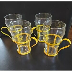 Vintage Soda Fountain Glasses Yellow Metal Cup Holders set of 4 Retro Fun Cheery